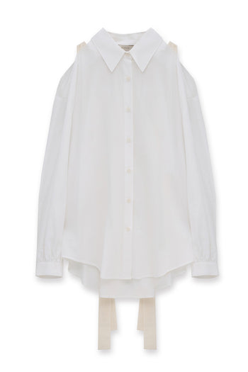 White Ribbon Wings Ribbon Shirt by EUNJO featuring a stylish overall design and ribbon detailing.