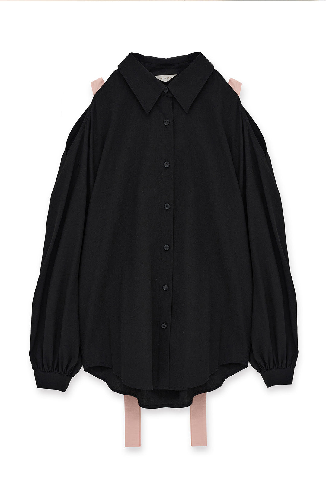 Black Ribbon Wings Ribbon Shirt by EUNJO, featuring a stylish design with ribbon accents, displayed on a hanger.