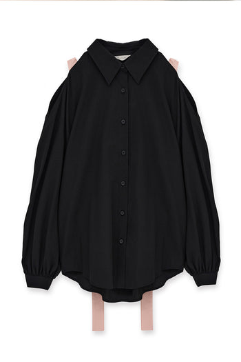 Black Ribbon Wings Ribbon Shirt by EUNJO, featuring a stylish design with ribbon accents, displayed on a hanger.