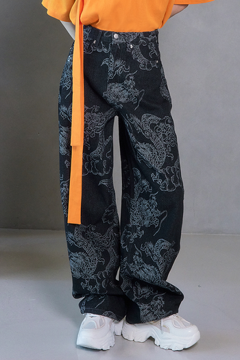 Black wash denim pants with dragon print from TM3, featuring a stylish and trendy design for casual wear.