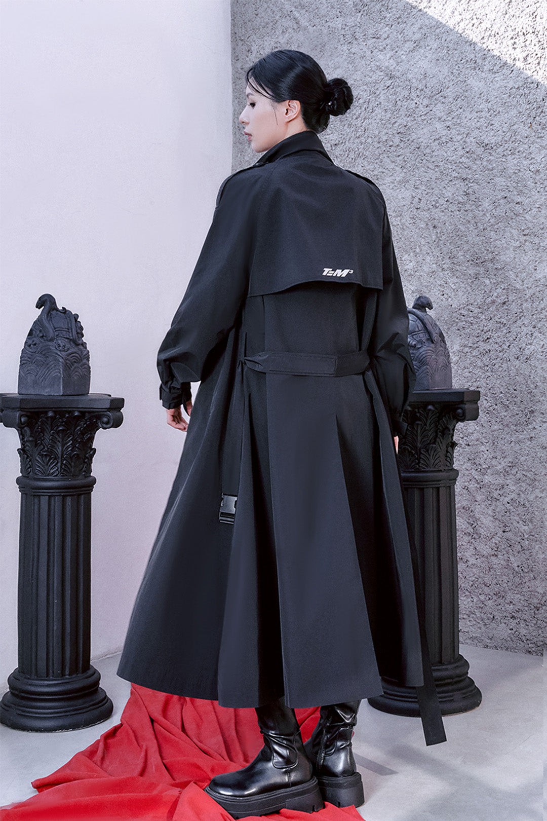 Black TM3 Tech Trench Coat for men and women, featuring a traditional Hanbok-inspired long coat design.