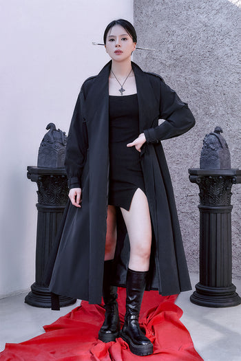 Black TM3 tech trench coat featuring a unisex hanbok-inspired long coat design with sleek, modern styling.