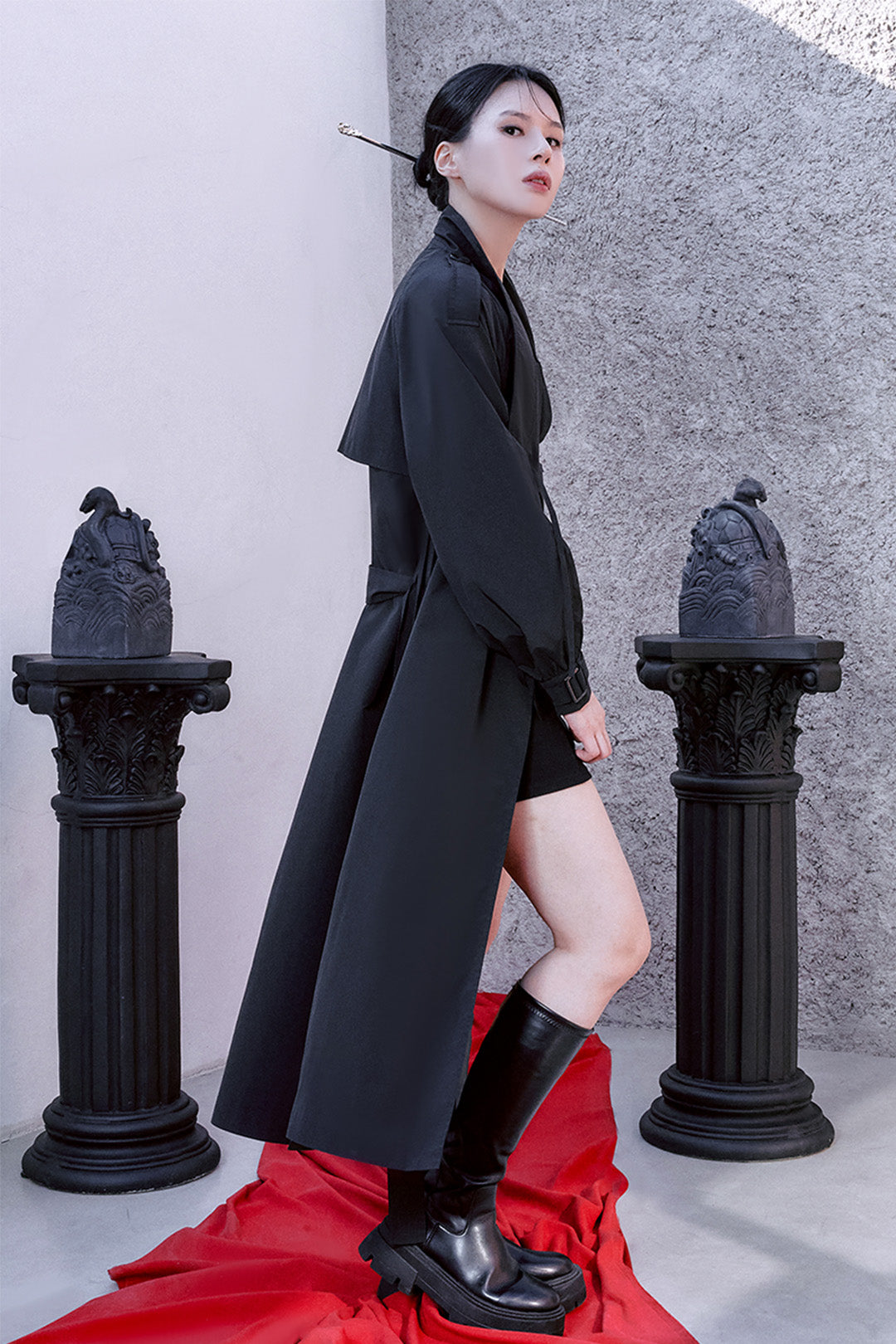 Black TM3 Tech Trench Coat, unisex Hanbok Durumagi style, long coat with modern design and sleek fabric.