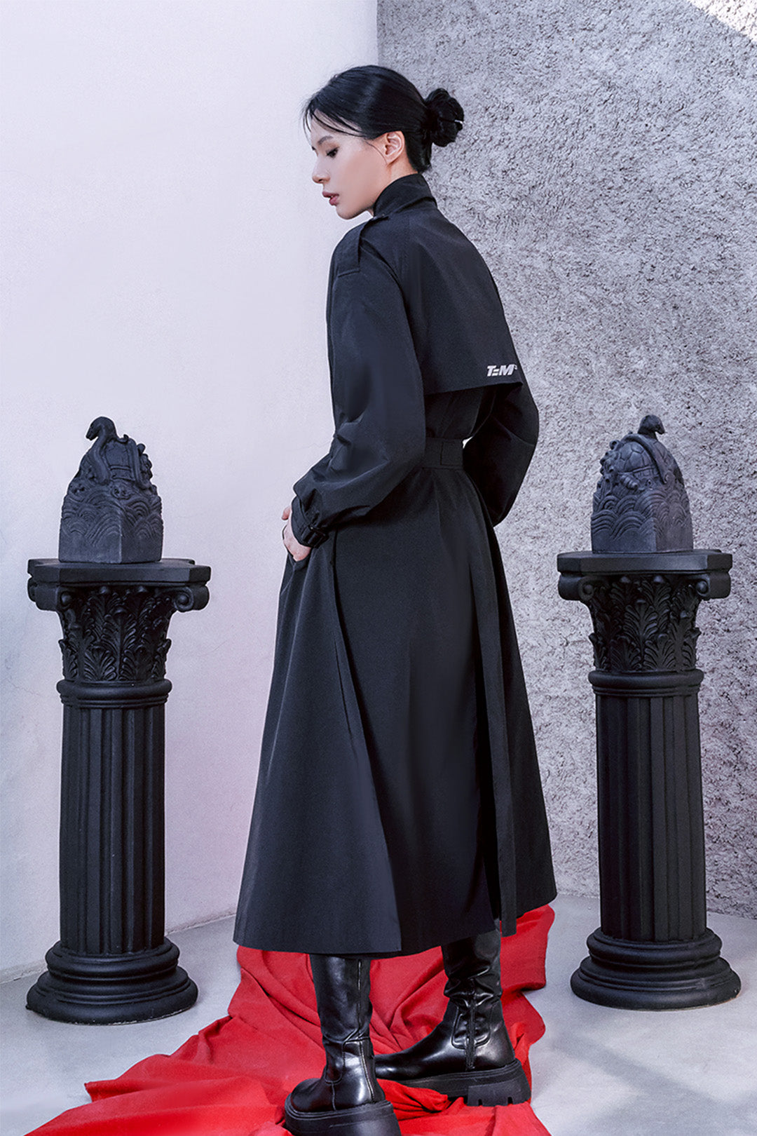 Black TM3 Tech Trench Coat, unisex Hanbok Durumagi style, long coat with modern design and sleek fabric.