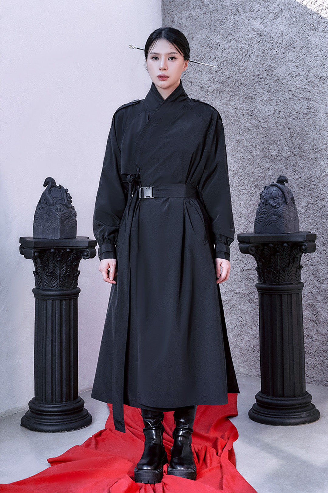 Black TM3 Tech Trench Coat, unisex Hanbok-inspired long coat with modern design and durable fabric.