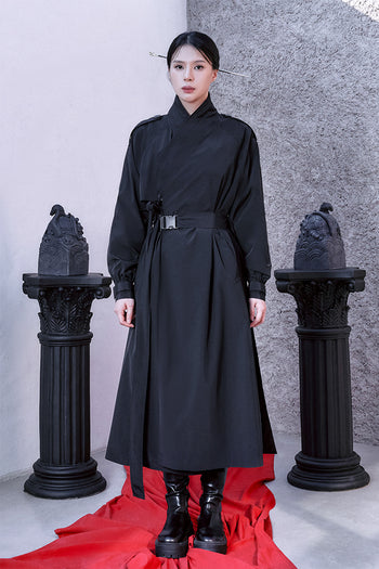 Black TM3 Tech Trench Coat, unisex Hanbok-inspired long coat with modern design and durable fabric.