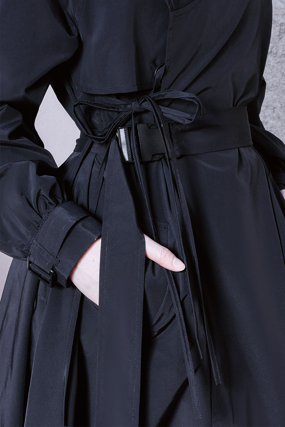 Black TM3 Tech Trench Coat, unisex Hanbok Durumagi style long coat with modern design and traditional influences.