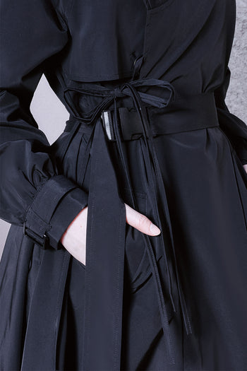 Black TM3 Tech Trench Coat, unisex Hanbok Durumagi style long coat with modern design and traditional influences.