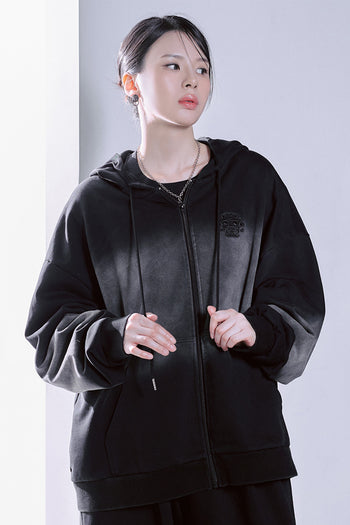 Black TM3 Korean Dokkaebi Heukgwi gradient wash embroidered zip-up hoodie with logo and unisex fit, casual streetwear style.