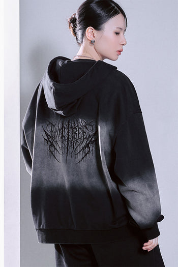 Black TM3 Korean Dokkaebi Heukgwi gradient wash embroidered zip-up hoodie, unisex style with logo design and cozy fit.