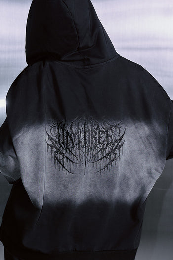 Black TM3 Korean Dokkaebi Heukgwi gradient wash zip-up hoodie with embroidered logo, unisex design and comfortable fit.