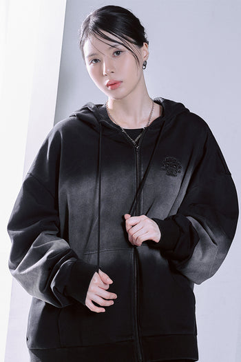 Black TM3 Korean Dokkaebi Heukgwi gradient wash zip-up hoodie with embroidered logo, unisex design, casual streetwear style.
