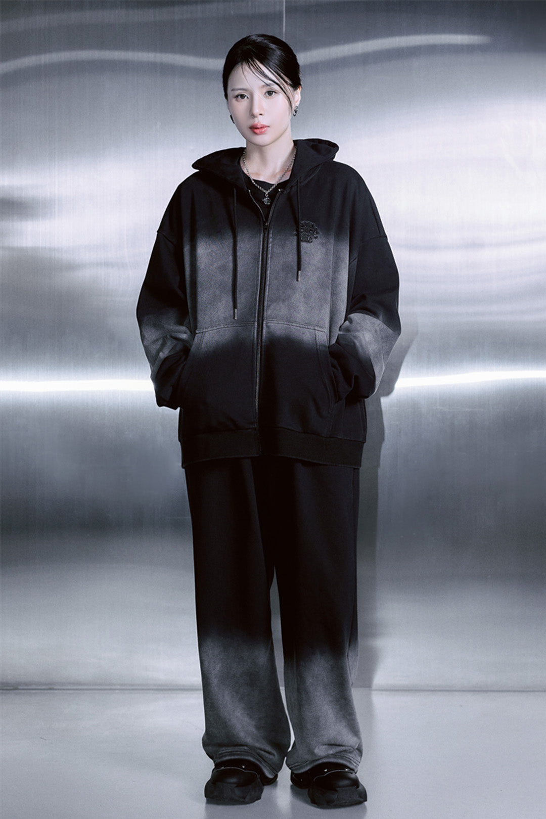 Black TM3 Korean Dokkaebi Heukgwi gradient wash embroidered zip-up hoodie, unisex design with logo and detailed embroidery.