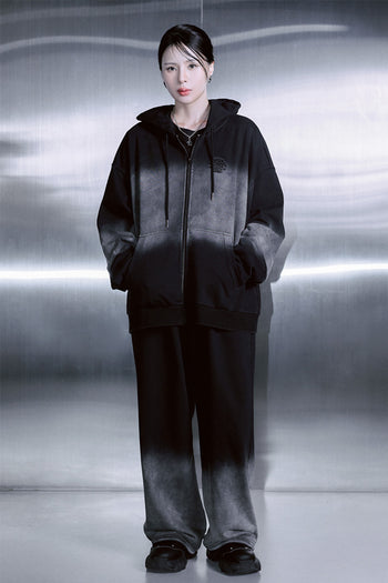 Black TM3 Korean Dokkaebi Heukgwi gradient wash embroidered zip-up hoodie, unisex design with logo and detailed embroidery.