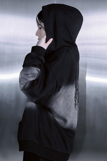 Black TM3 Korean Dokkaebi Heukgwi gradient wash logo unisex embroidered zip-up hoodie with detailed design and logo embroidery.