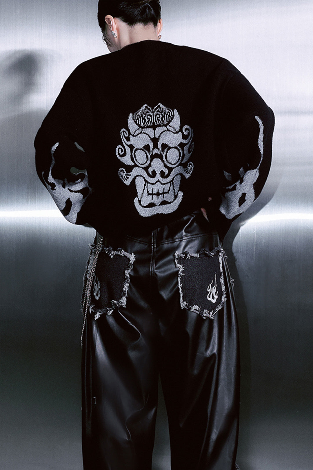 TM3 Dokkaebi Flame unbalanced wide black denim leather pants for unisex, featuring a bold flame design and relaxed fit.