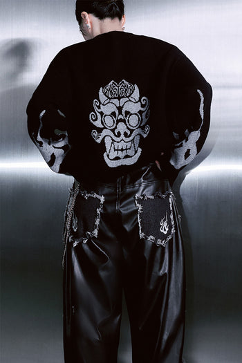 TM3 Dokkaebi Flame unbalanced wide black denim leather pants for unisex, featuring a bold flame design and relaxed fit.