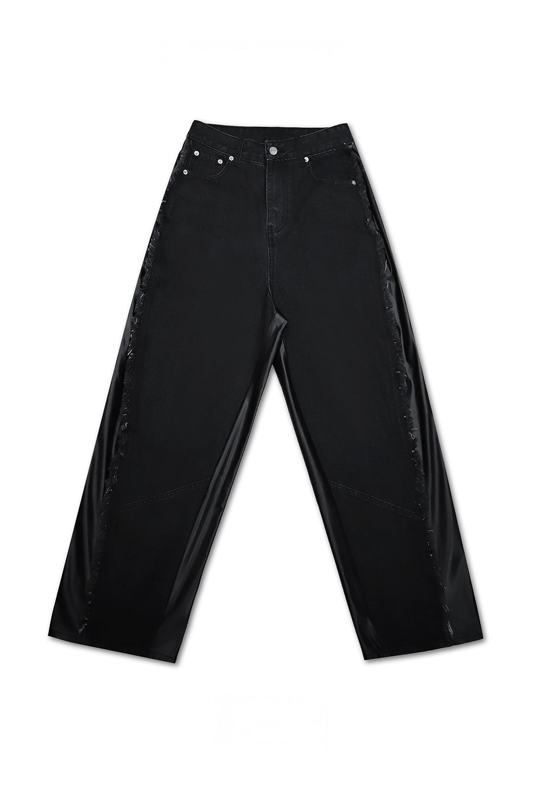 Unisex TM3 Dokkaebi Flame black denim leather pants with wide unbalanced fit and flame design, front view.