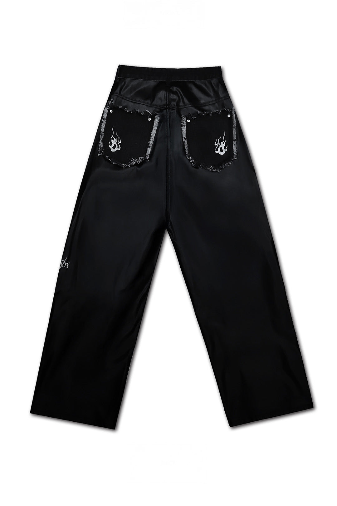 TM3 Dokkaebi Flame unbalanced wide black denim leather pants for men and women, featuring a bold flame design and oversized fit.