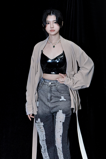 Beige oversized TM3 shirt with long sleeves and a relaxed fit, displayed flat on a white background.
