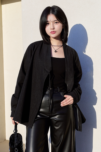 Black denim shirt jacket by TM3, featuring a classic button-up design and casual fit for versatile styling.