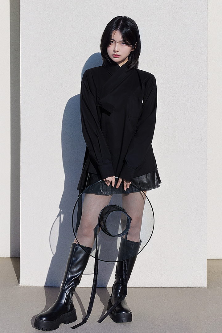 Black TM3 classic Hanbok shirt, traditional Korean style with a clean, simple design, shown on a plain background.