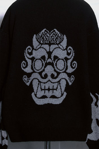 Black TM3 Korean Dokkaebi face merino wool knit sweater, featuring traditional design and detailed embroidery on the front.