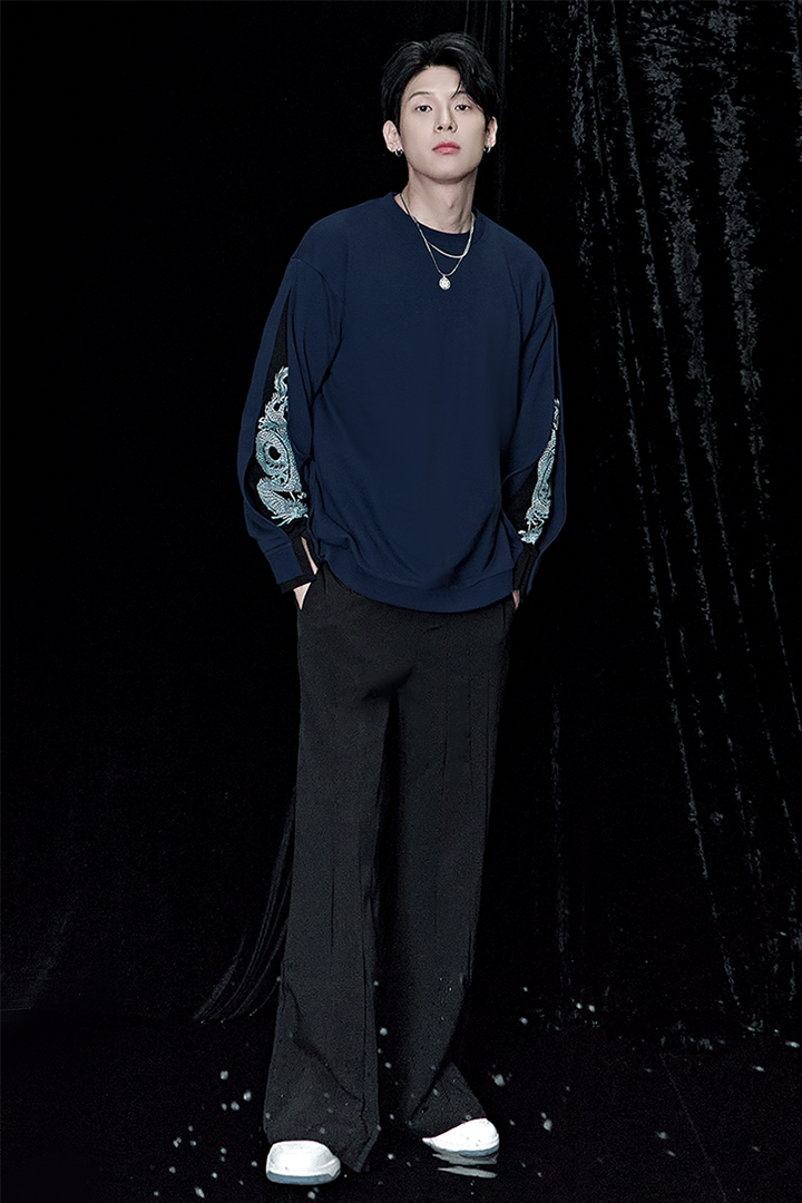 Navy Han Secret Black Dragon Sweatshirt by TM3, featuring a detailed black dragon design on the front.