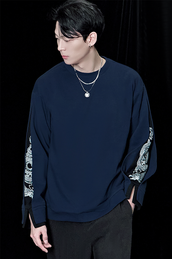 Navy Han Secret Black Dragon sweatshirt by TM3 featuring a black dragon graphic on the front.