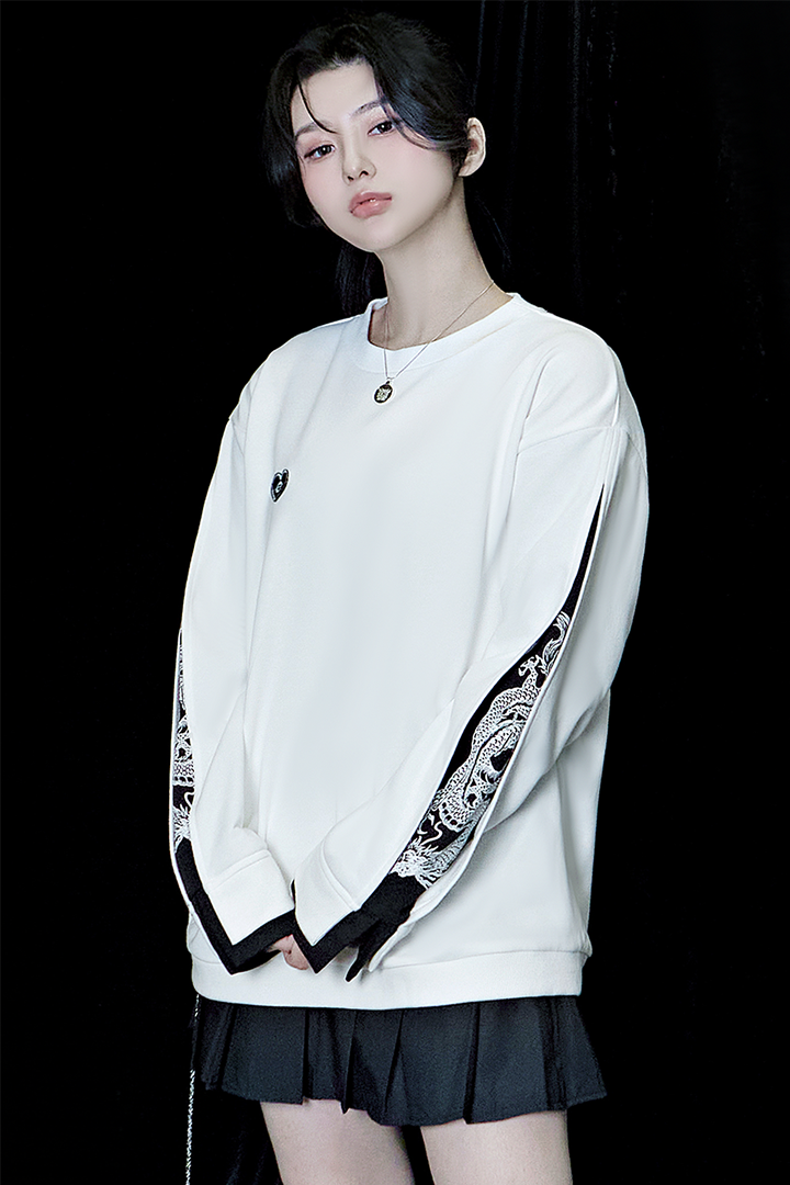 White Han Secret Black Dragon sweatshirt by TM3 featuring a black dragon design on the front.