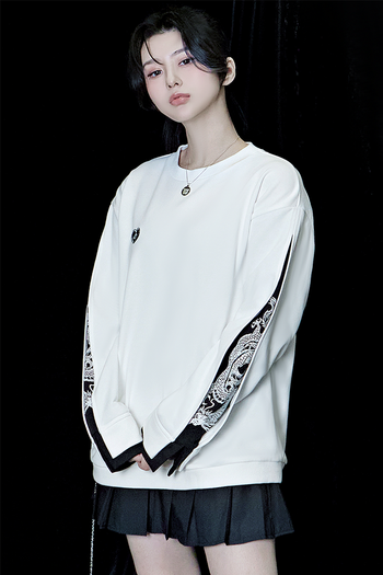 White Han Secret Black Dragon sweatshirt by TM3 featuring a black dragon design on the front.
