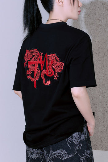 Black TM3 Ghost Red Dragon embroidered oversized unisex T-shirt with back embroidery, featuring bold dragon design and relaxed fit.