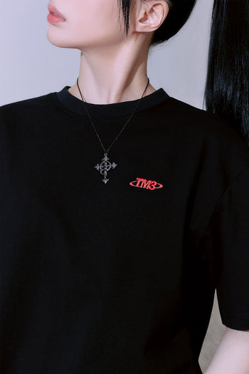 Black TM3 Ghost Red Dragon embroidered oversized unisex T-shirt with back embroidery featuring a striking red dragon design.