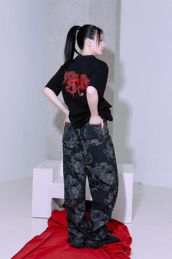 Black TM3 Ghost Red Dragon embroidered oversized T-shirt with back embroidery, unisex top featuring bold dragon design.