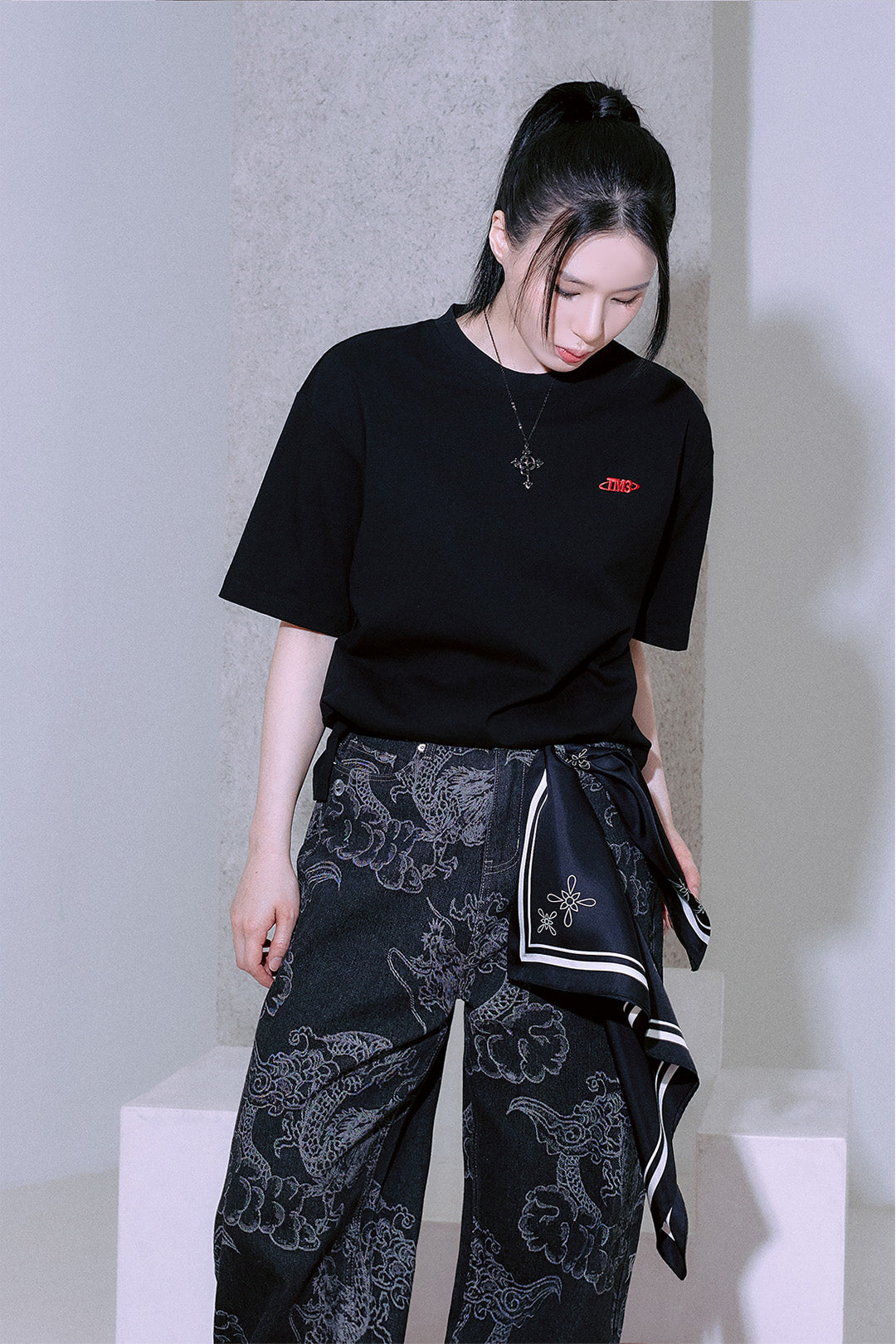 Black TM3 Ghost Red Dragon embroidered oversized T-shirt with back design, unisex tops featuring detailed dragon embroidery.