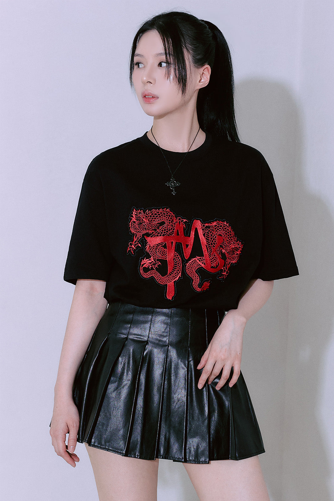 Unisex black TM3 Ghost Red Dragon Yongmun embroidered oversized T-shirt with detailed dragon design on the front.