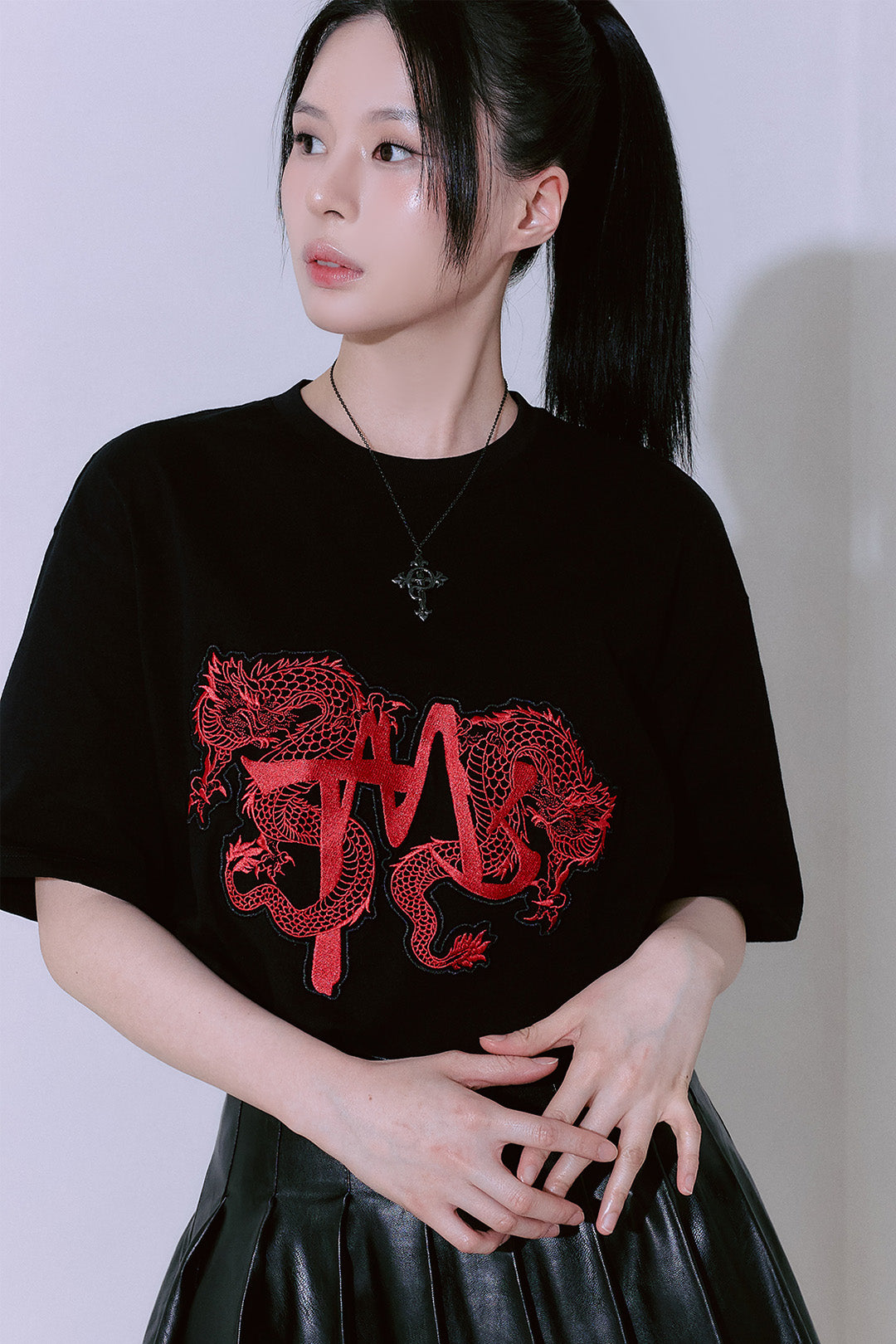 Black TM3 Ghost Red Dragon Yongmun embroidered oversized unisex T-shirt with bold dragon design and detailed embroidery.