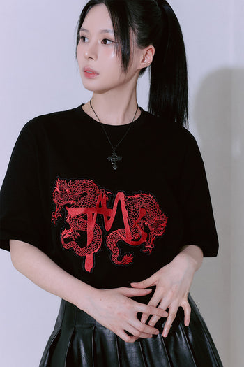 Black TM3 Ghost Red Dragon Yongmun embroidered oversized unisex T-shirt with bold dragon design and detailed embroidery.