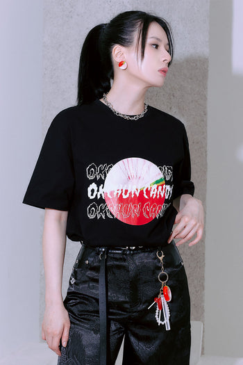 Black TM3 traditional Korean candy Okchun oversized unisex T-shirt, casual tops with Korean-inspired graphic design.