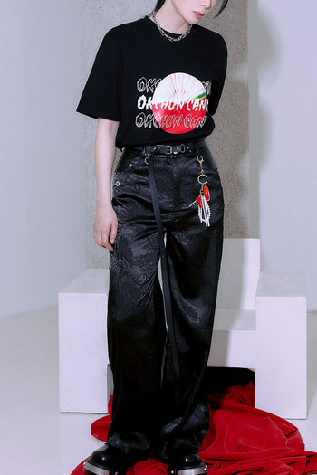 Black TM3 traditional Korean candy Okchun oversized unisex T-shirt, casual tops with colorful graphic design.