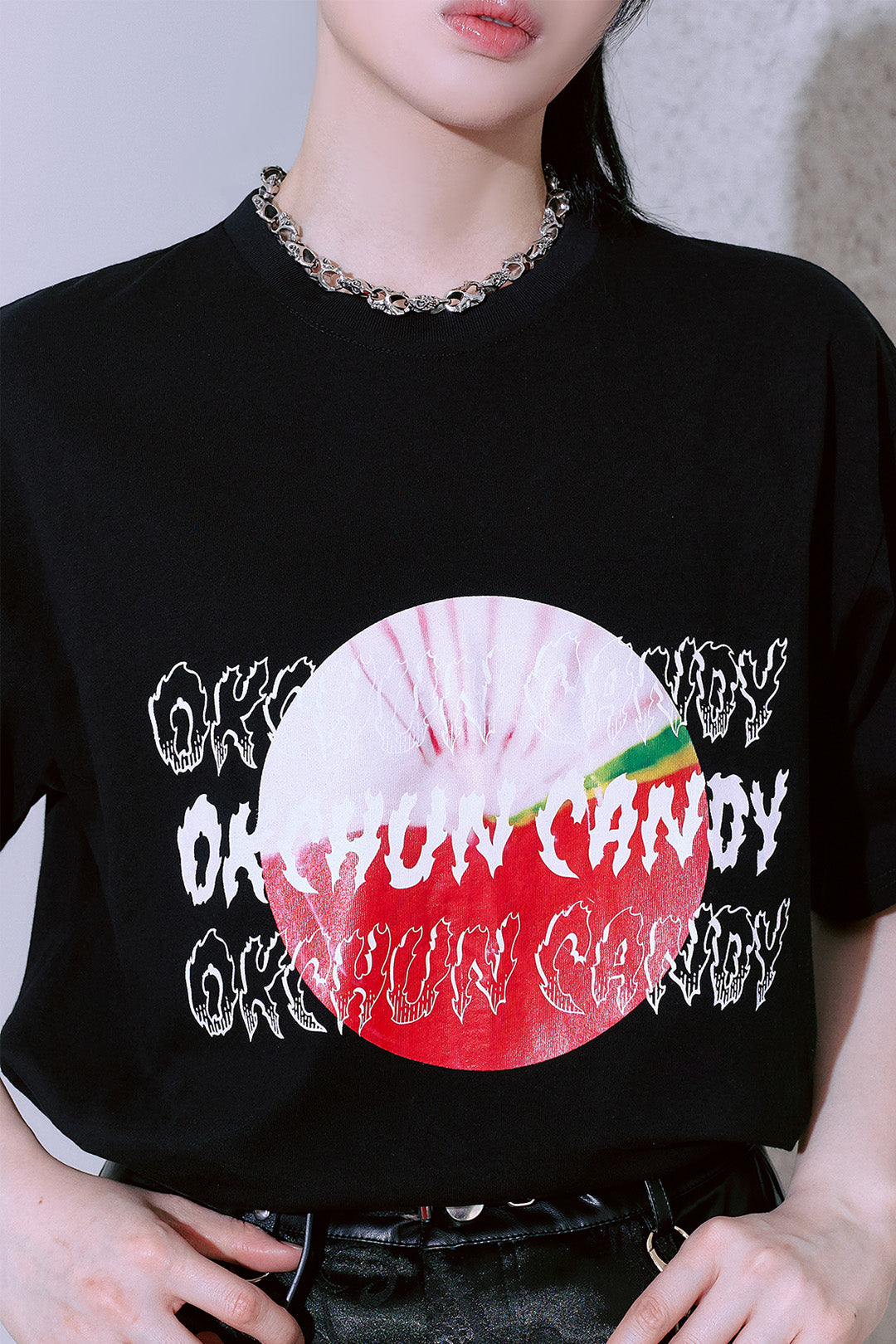 Black TM3 Traditional Korean Candy Okchun oversized unisex T-shirt, soft cotton tops with Korean candy graphic design.