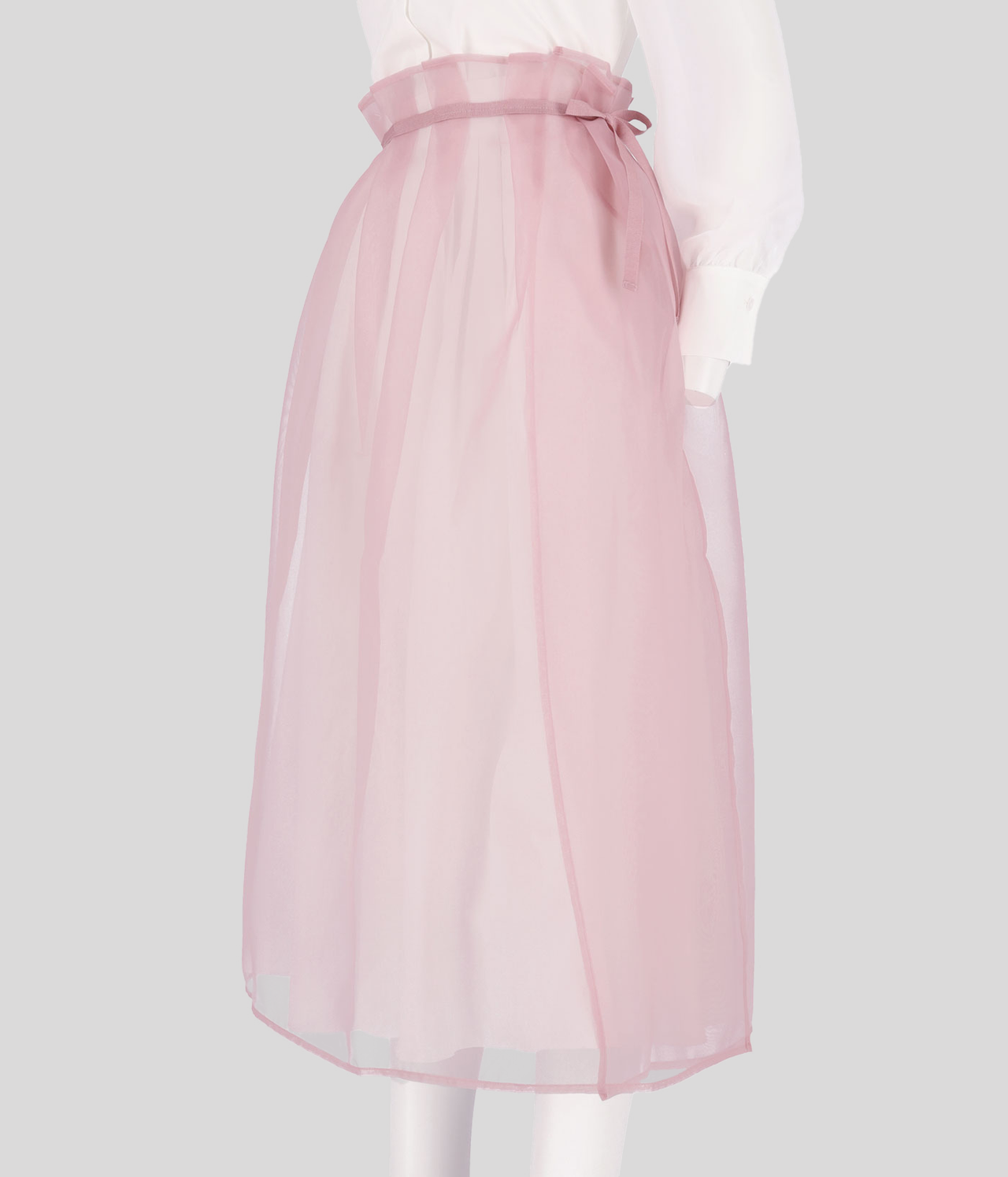 Pink Charlock No-Bang see-through skirt by YONGDAE, lightweight and transparent with a stylish, flowy design.