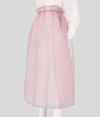 Pink Charlock No-Bang see-through skirt by YONGDAE, lightweight and transparent with a stylish, flowy design.